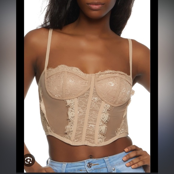 Tops - Nude Taupe Brown Tan Lace Structured Bustier Bra Corset Top Sexy Stretch Shirt S